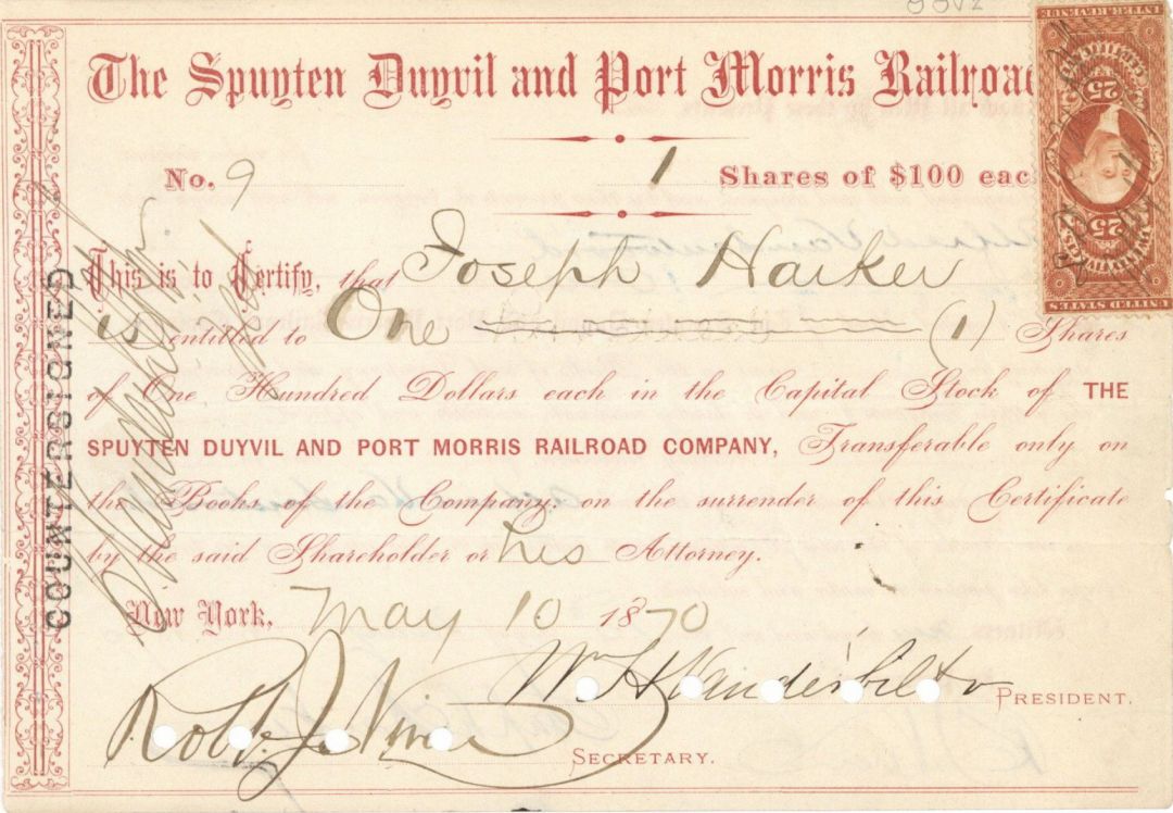 Spuyten Duyvil and Port Morris Railroad Co. signed by W.H. Vanderbilt and Cornelius Vanderbilt Jr. - Stock Certificate