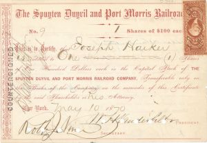 Spuyten Duyvil and Port Morris Railroad Co. signed by W.H. Vanderbilt and Cornelius Vanderbilt Jr. - Stock Certificate