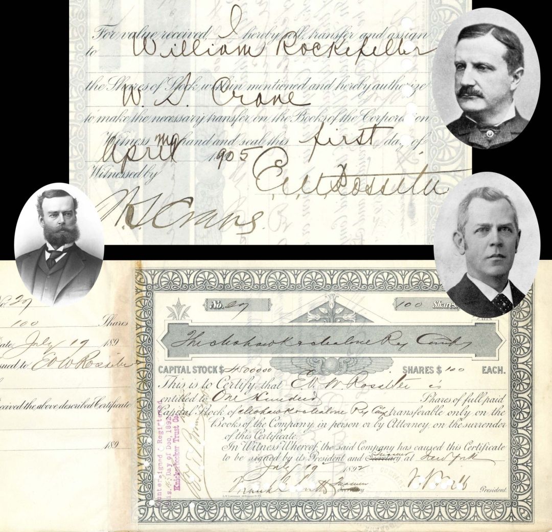 Mohawk and Malone Railway Co. Issued to and signed by E.V.W. Rossiter and W. S. Webb - 1892 dated Autograph Stock Certificate