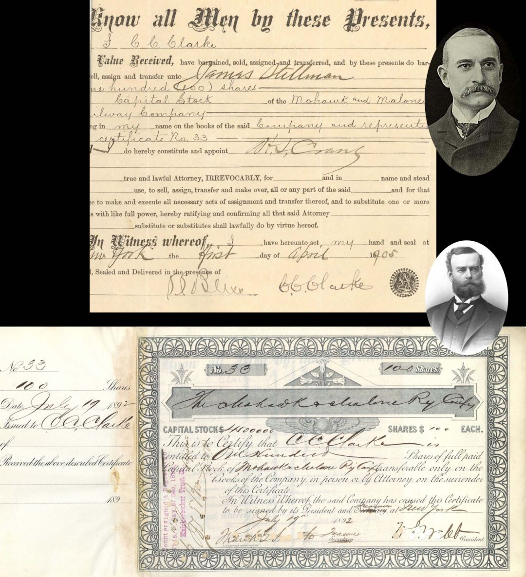 Mohawk and Malone Railway Co. signed by W. S. Webb - 1892 dated Autograph Stock Certificate