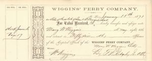 Wiggins Ferry Co. Issued to Estate of Samuel B. Wiggins and Signed by Wm. Wiggins - Transfer Receipt