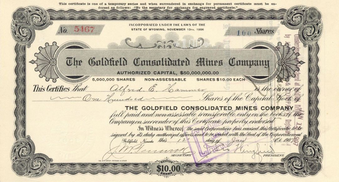 Goldfield Consolidated Mines Co. Signed by Geo. Wingfield - Stock Certificate