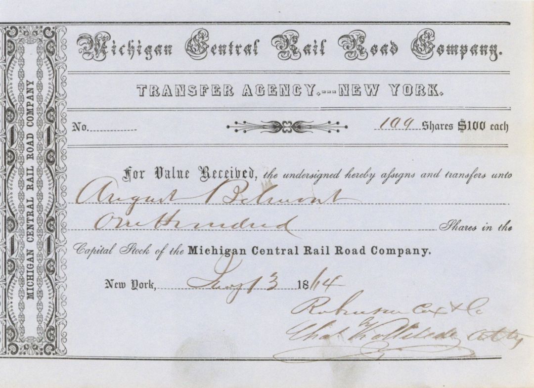 Michigan Central Rail Road Co. Issued to August Belmont - Stock Transfer