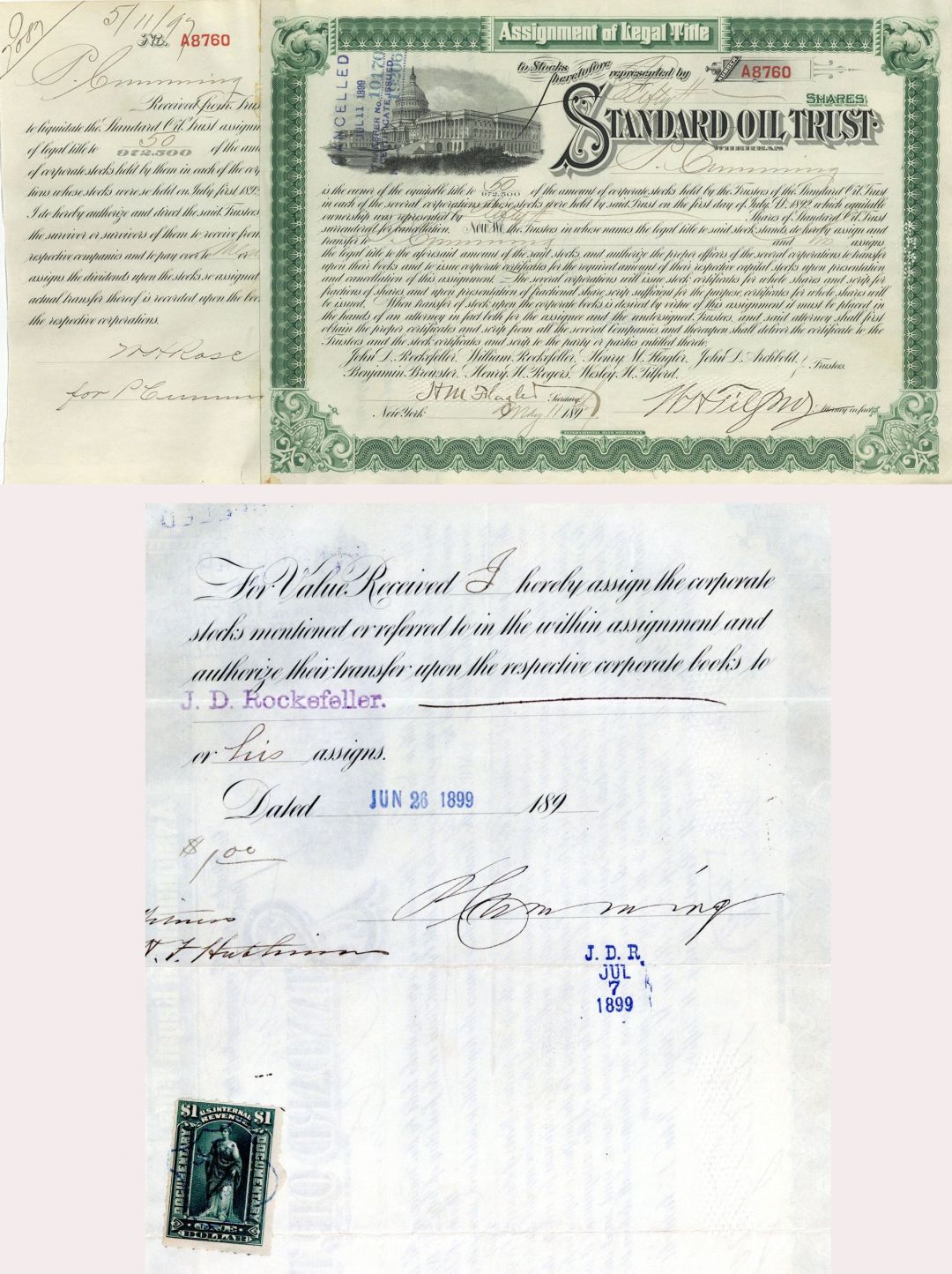 Standard Oil Trust Signed by H.M. Flagler & W.H. Tilford and Transferred to J.D. Rockefeller - Autograph Oil Stock Certificate