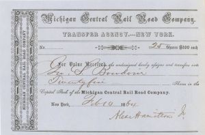 Michigan Central Rail Road Co. Signed by Alexander Hamilton Jr. - Stock Transfer
