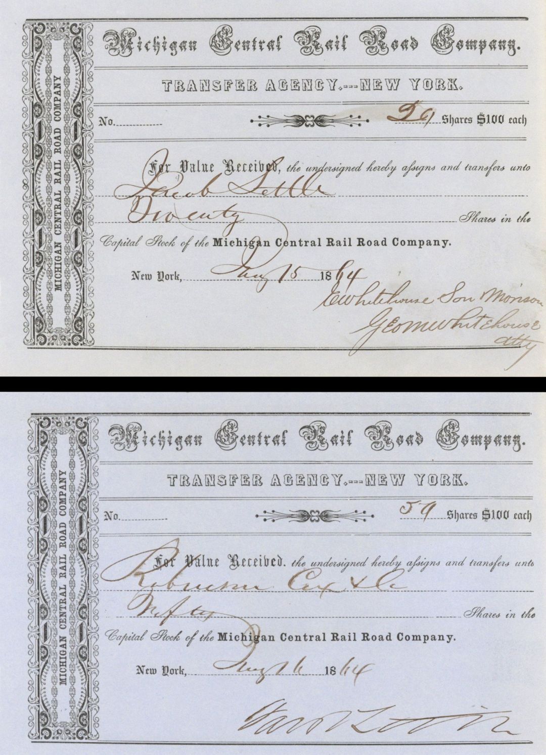 Michigan Central Rail Road Co. Issued to and Signed by Jacob Little - Pair of Transfer Receipts