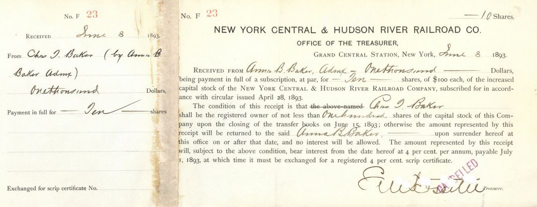 New York Central and Hudson River Railroad Co. Signed by E.V.W. Rossiter - 1893 dated Autographed Stock Certificate