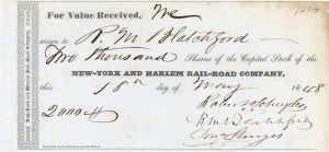 New-York and Harlem Rail-Road Co. signed by Robert Schuyler - Autographed Stock Certificate