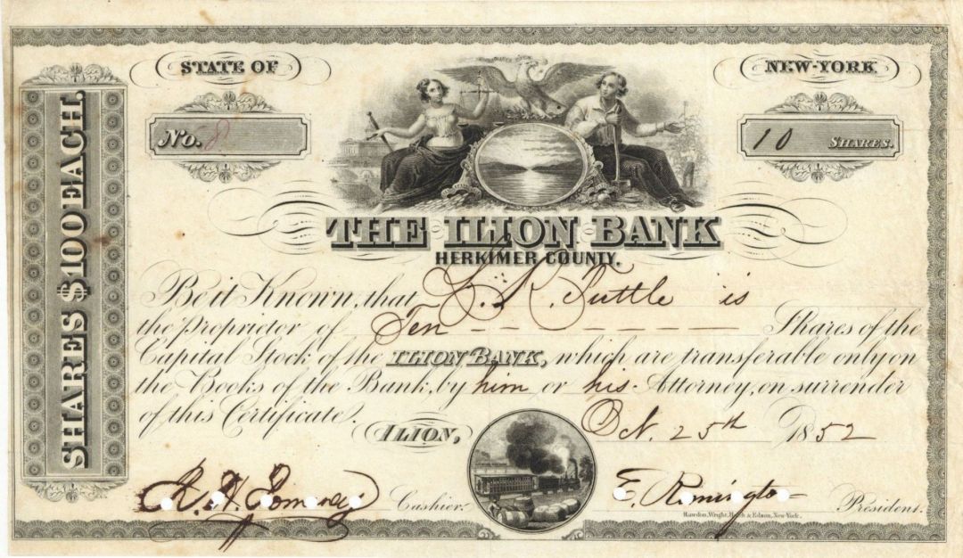 Ilion Bank Signed by E. Remington II or Jr. - Founder of Remington and Sons