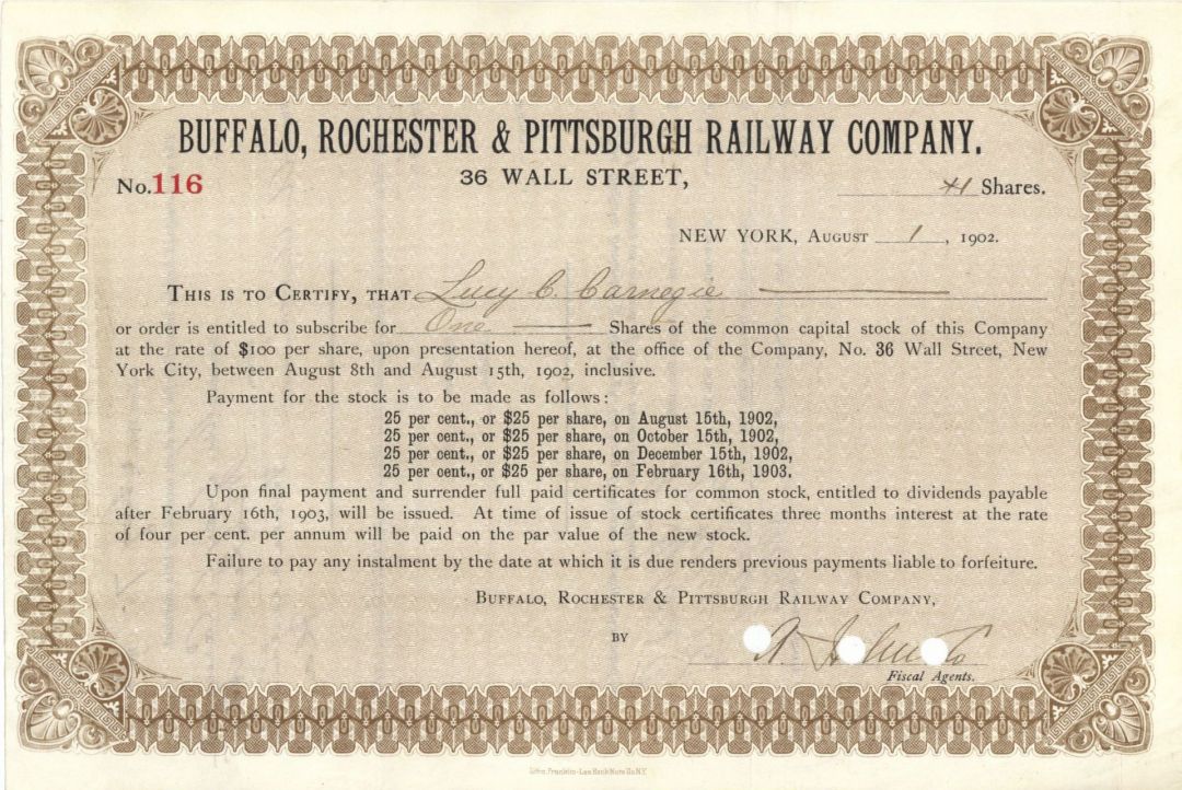 Buffalo, Rochester and Pittsburgh Railway Co. issued to Lucy C. Carnegie - Autographed Stocks and Bonds
