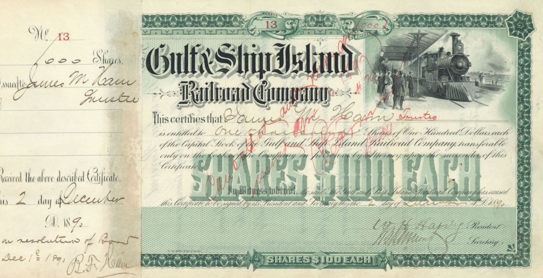 Gulf and Ship Island Railroad Co. Signed by William H. Hardy - 1890 dated Autographed Stock Certificate