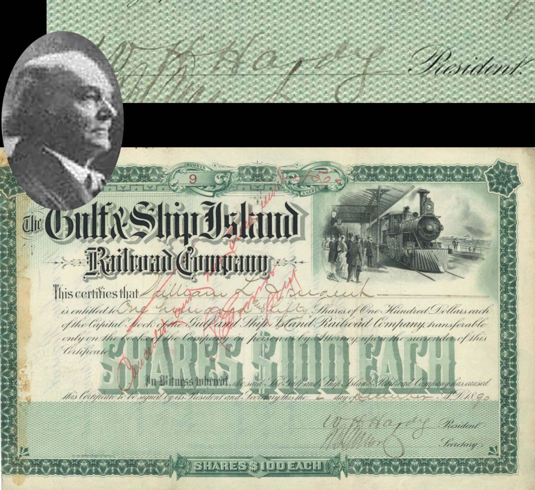 Gulf and Ship Island Railroad Co. Signed by William H. Hardy - 1890 dated Autographed Stock Certificate