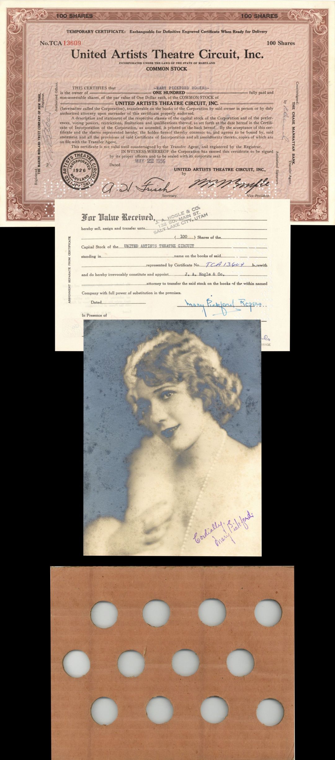United Artists Theatre Circuit, Inc. Transfer Signed by Mary Pickford Rogers - Autographed Stocks and Bonds