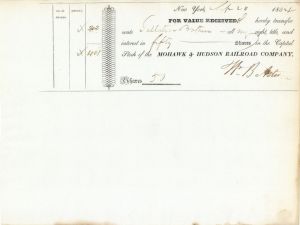 Mohawk and Hudson Railroad Co. Transferred to Gallatin Brothers and Signed by Wm B Astor - Stock Certificate
