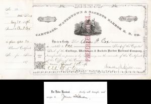 Carthage, Watertown and Sackets Harbor R. R. Co. Signed by Chauncey M. Depew and Transferred to James Stillman - Autographed Stock Certificate