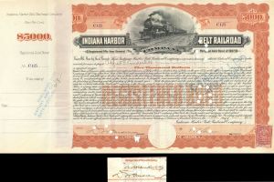 Indiana Harbor Belt Railroad Co. Issued to Alfred G. Vanderbilt and signed by Wm. K. Vanderbilt - Autographed Bond