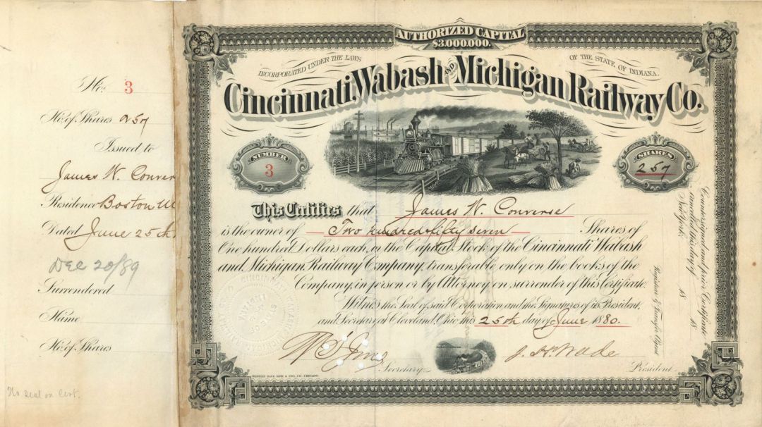 Cincinnati, Wabash and Michigan Railrway Co. signed by J. H. Wade - Stock Certificate