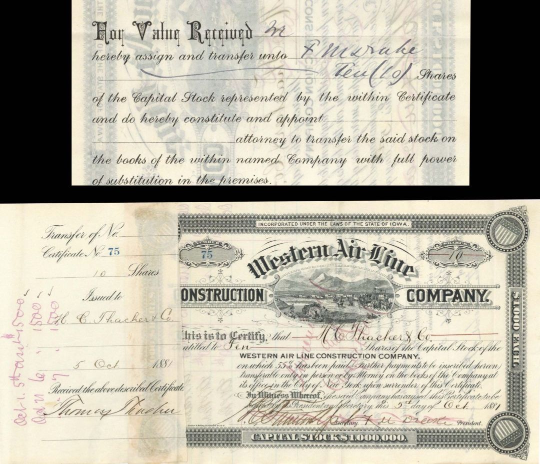 Western Air Line Construction Co. Signed and Transferred by F. M. Drake - 1881 or 1882 dated Autograph Stock Certificate