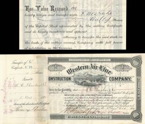 Western Air Line Construction Co. Signed and Transferred by F. M. Drake - 1881 or 1882 dated Autograph Stock Certificate