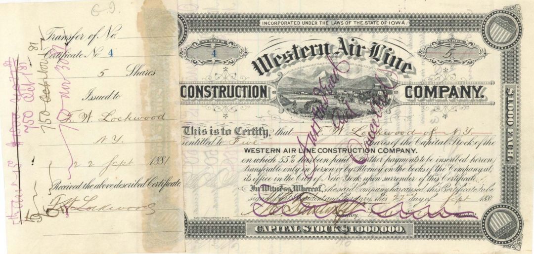 Western Air Line Construction Co. Signed by F. M. Drake - 1881, 1882 or 1883 dated Autograph Stock Certificate