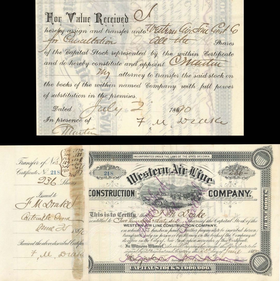 Western Air Line Construction Co. Issued to and Signed by F. M. Drake twice - 1890 dated Autograph Stock Certificate