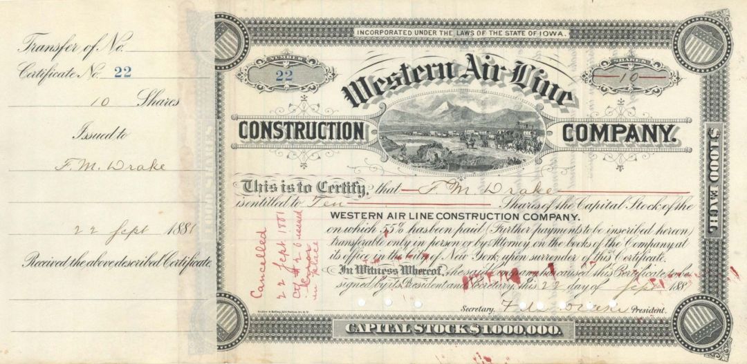 Western Air Line Construction Co. Signed by F. M. Drake - 1881 or 1883 dated Autograph Stock Certificate
