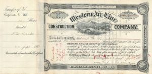 Western Air Line Construction Co. Signed by F. M. Drake - 1881 or 1883 dated Autograph Stock Certificate