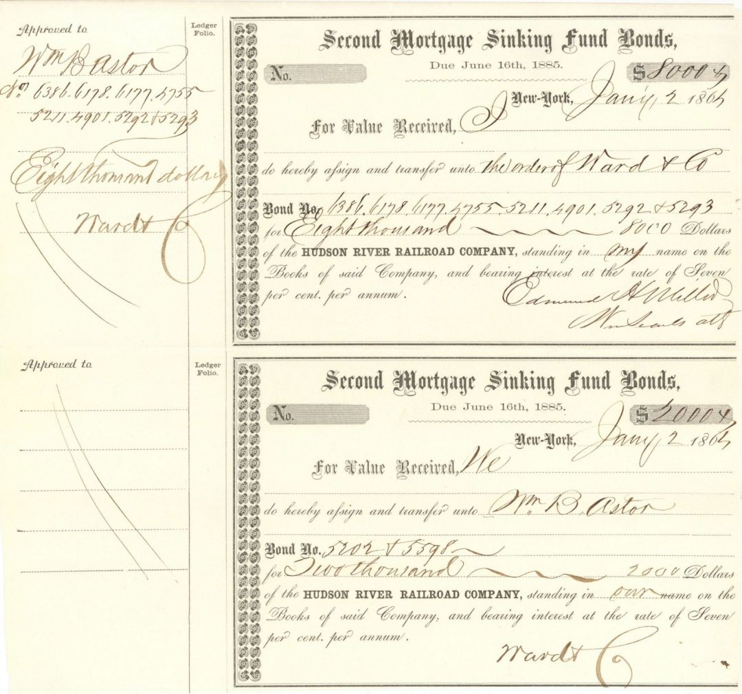 Pair of Hudson River Railroad Co. Transfers to Wm. B. Astor - Bond Transfer