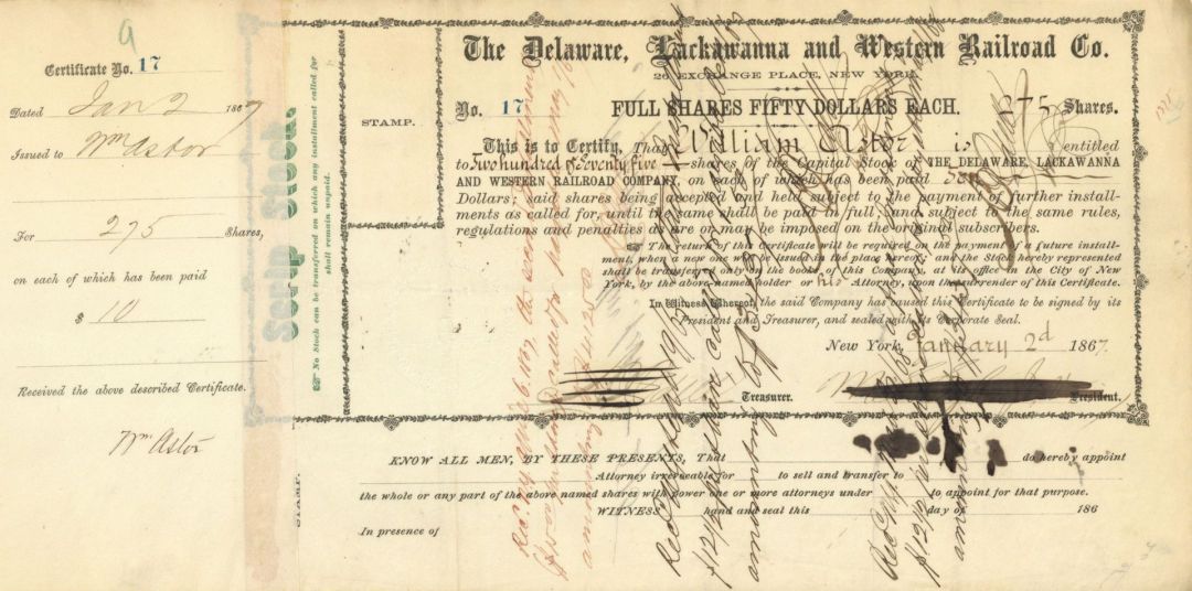 Delaware, Lackawanna and Western Railroad Co. Issued to and Signed by William Astor - Autographed Stocks and Bonds