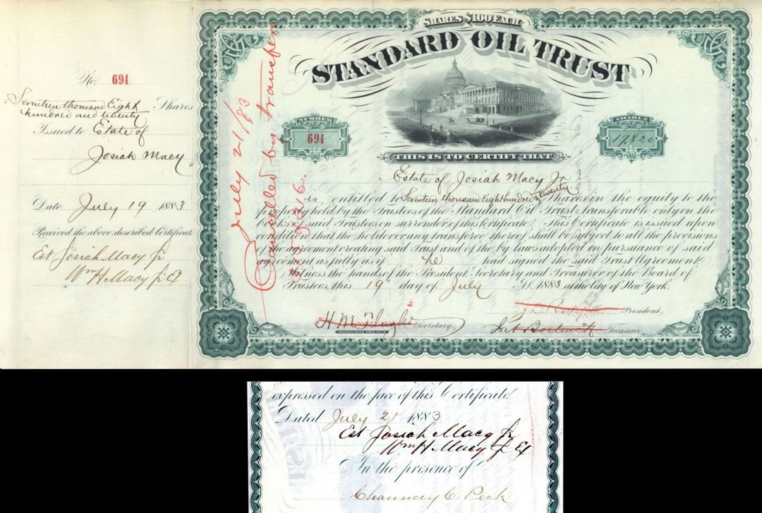Standard Oil Trust Issued to Estate of Josiah Macy Jr. and signed by Wm. H. Macy, J.A. Bostwick, J.D. Rockefeller and H.M. Flagler - 1883 dated Autographed Stock Certificate