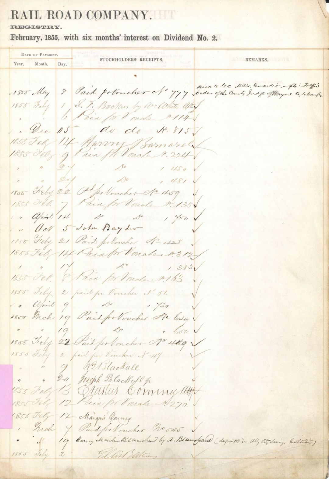New York Central Railroad Ledger Sheet signed by Erastus Corning - Autographed Stocks and Bonds