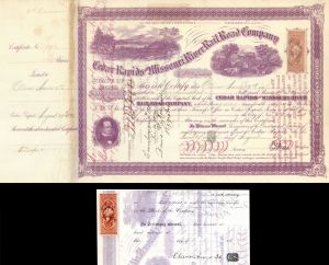 Cedar Rapids and Missouri River Rail Road Co. signed by Oliver Ames - 1870 dated Autograph Stock Certificate