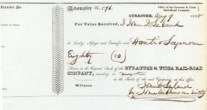 Syracuse and Utica Rail-Road Co. Transferred to Horatio Seymour and Signed by John Wilkinson - Stock Transfer