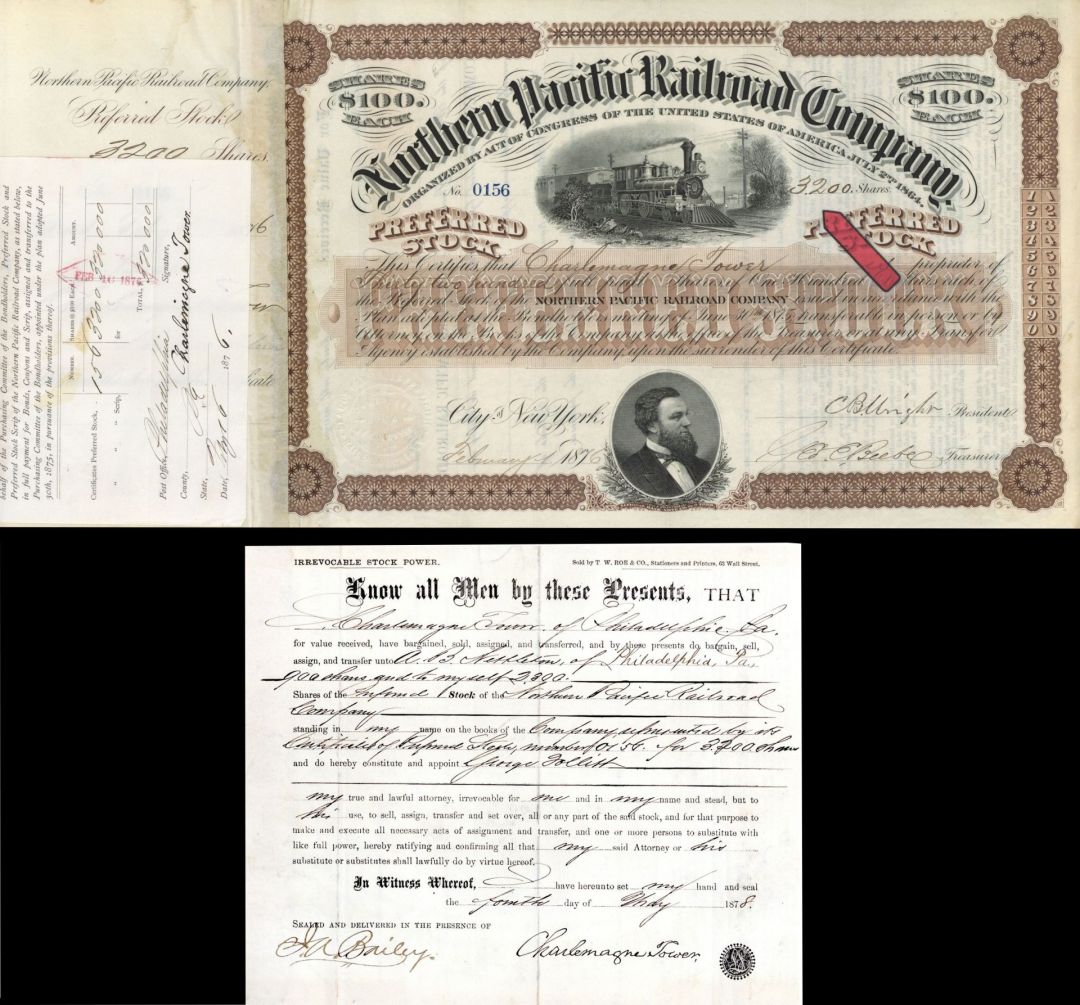 Northern Pacific Railroad Co. - High Denomination Railroad Stock Certificate Signed by Charlemagne Tower