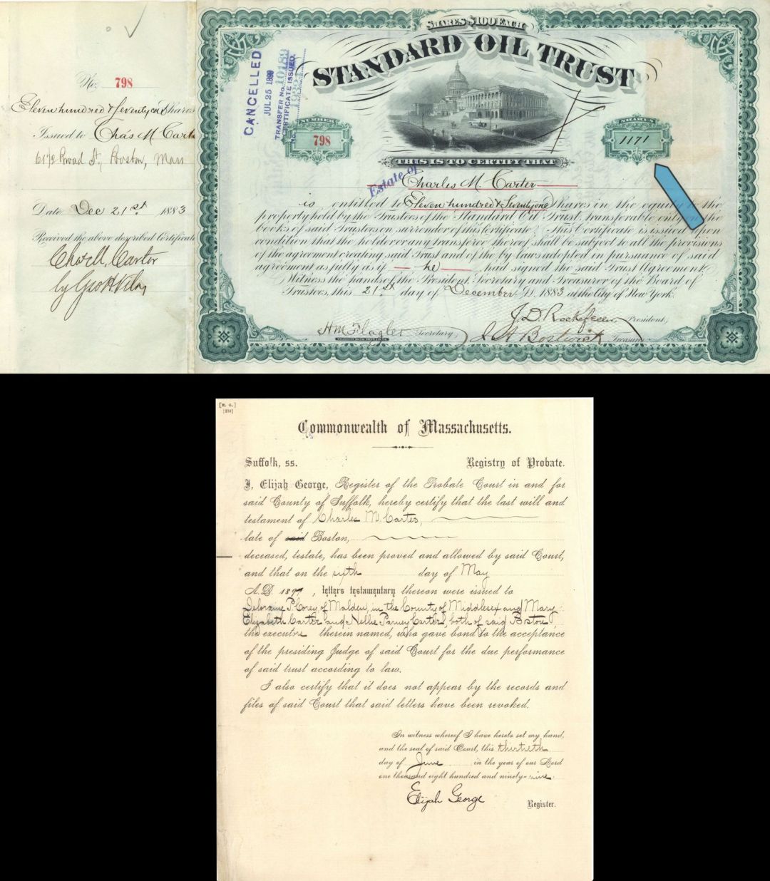 Standard Oil Trust Signed by  J.D. Rockefeller,  H.M. Flagler and J.A. Bostwick - 1883 dated Autographed Stock Certificate