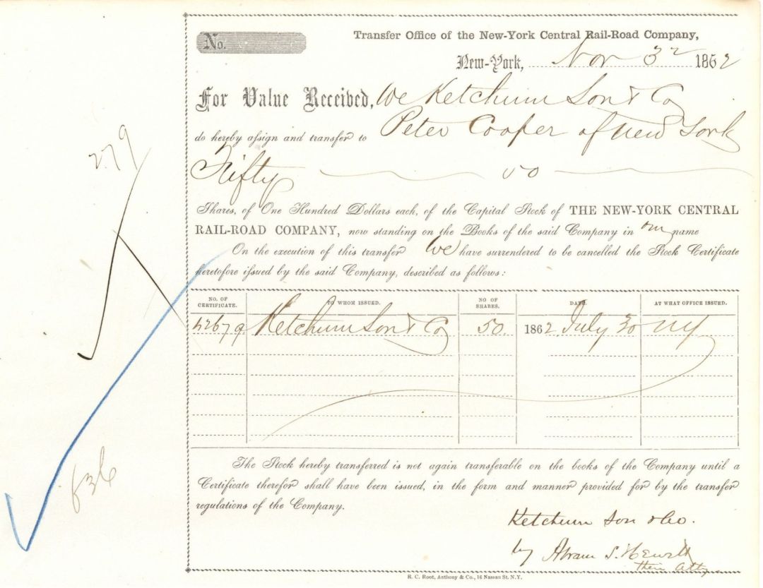 New-York Central Rail-Road Co. Stock Transfer to Peter Cooper, not signed - 1862 dated Transfer Receipt - Not Signed