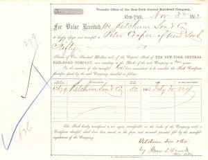 New-York Central Rail-Road Co. Stock Transfer to Peter Cooper, not signed - 1862 dated Autographed Stock Certificate