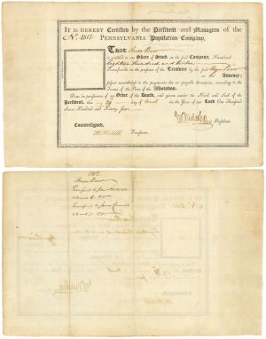 Aaron Burr issued to Pennsylvania Population Co. - 1794 dated Stock Certificate - Signed by John Nicholson and Tench Francis Jr.
