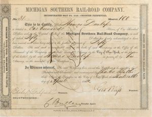 Michigan Southern Rail-Road Co. issued to Thomas Dunlap, Not Signed - 1850 dated Railway Stock Certificate