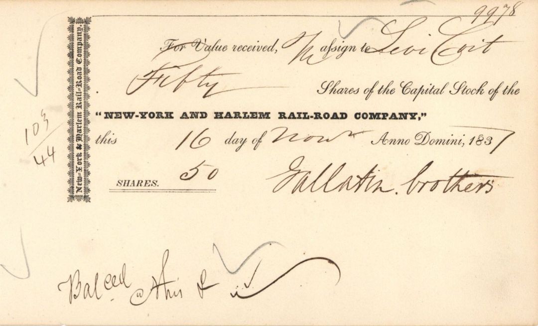 New-York and Harlem Rail-Road Co. signed by Gallatin Brothers - 1837-1839 dated Autographed Railroad Stock Certificated