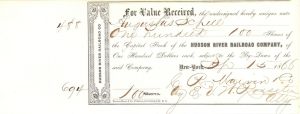 Hudson River Railroad Co. issued to Augustus Schell and signed by E.V.W. Rossiter - 1866 Autographed Stock Certificate