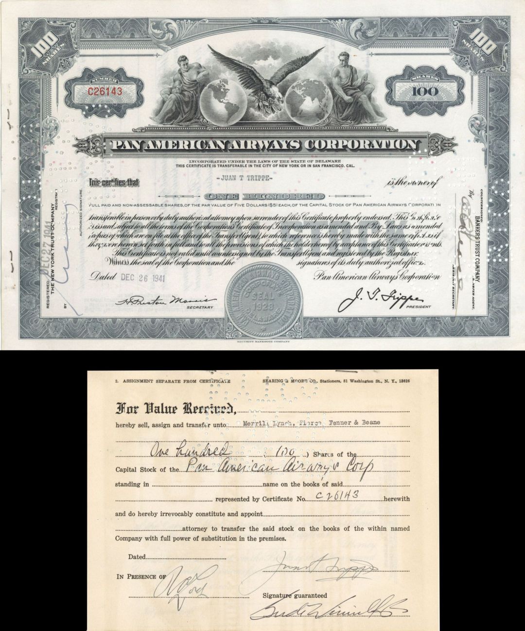 Pan American Airways Corp. issued to Juan T. Trippe and signed on back - 1941 dated Autographed Stock Certificate