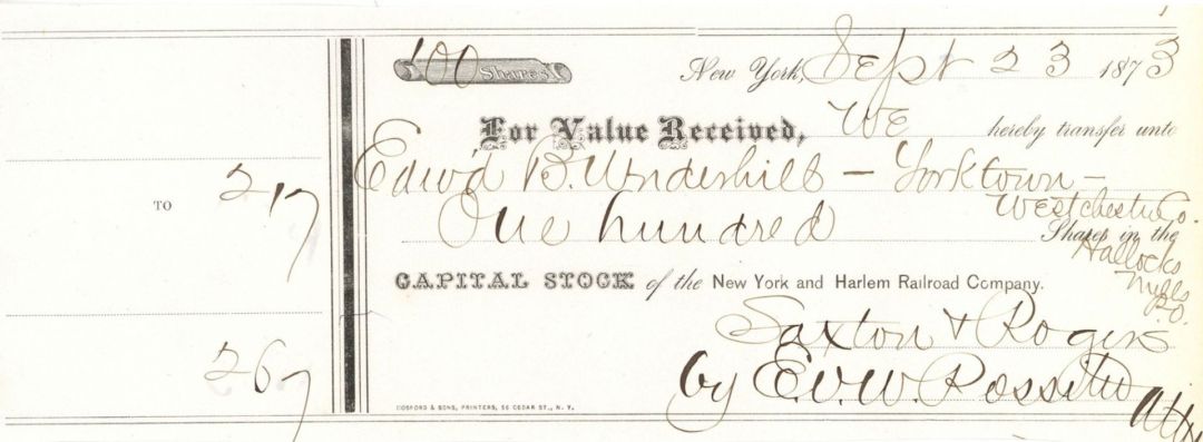 New York and Harlem Railroad Co. issued to Edw'd B. Vanderbilt and signed by E.V.W. Rossiter - 1873 dated Autographed Railroad Stock Certificated