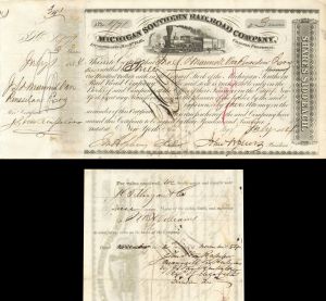 Michigan Southern Railroad Co. issued to John Van Rensselaer and signed by 2 Van Rensselaerns - 1854 dated Autographed Railroad Stock Certificated