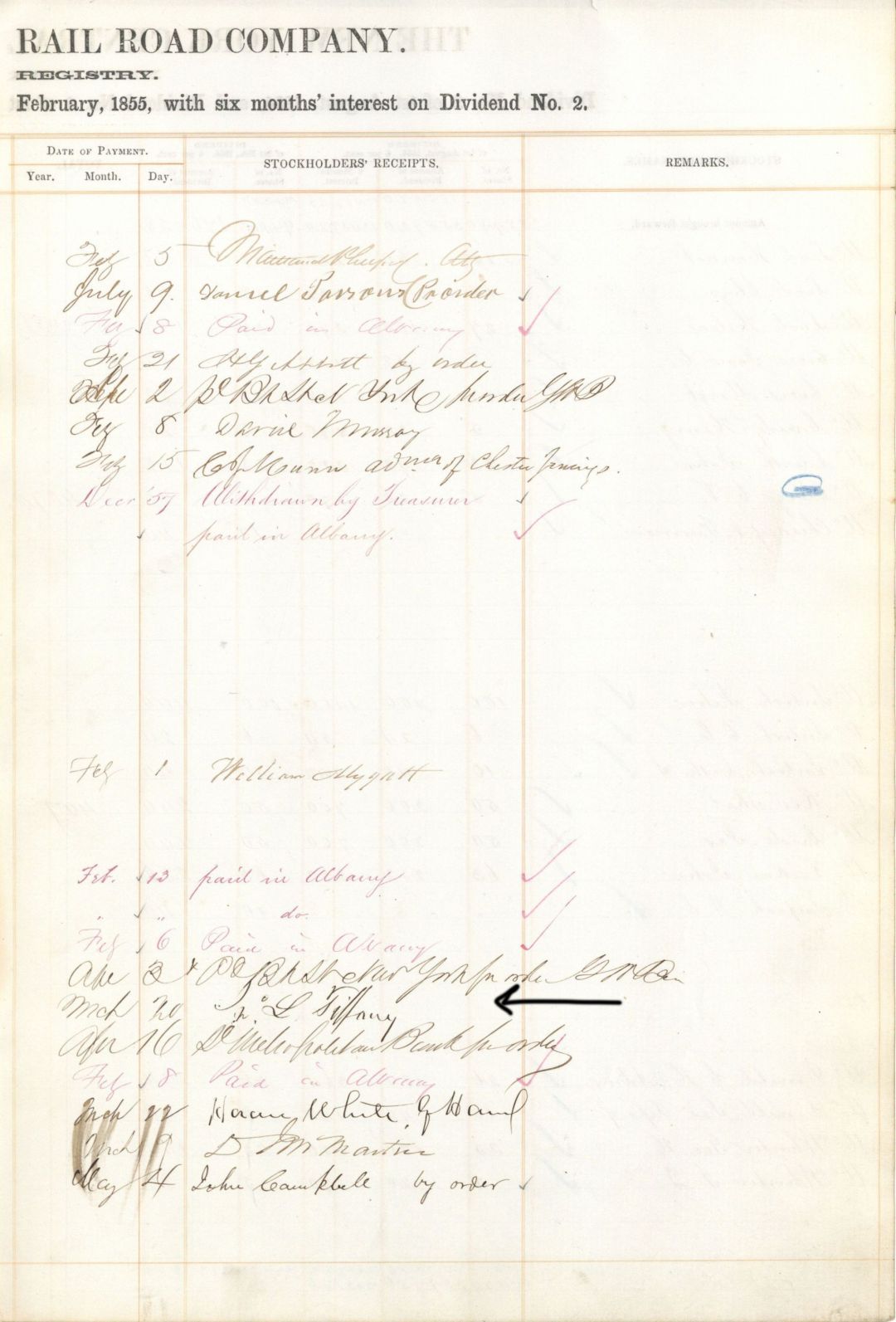 Rail Road Co. signed by J.L. Tiffany  - dated 1855 Stockholders Receipt - American Luxury Jewelry and Specialty Design Company