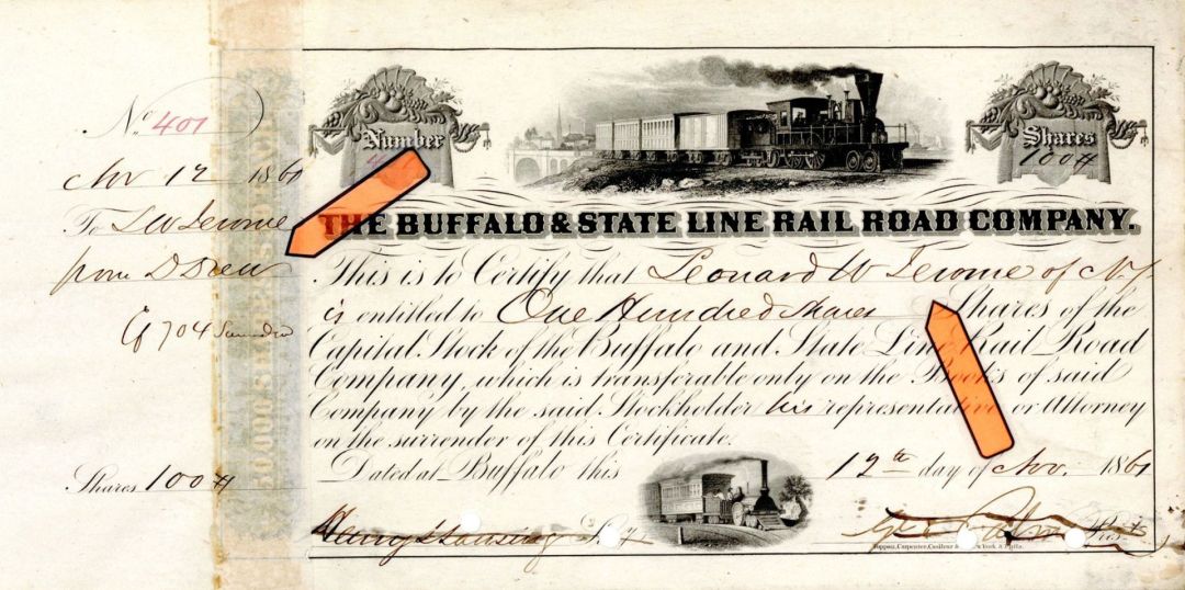 Buffalo and State Line Rail Road Co. issued to Leonard W. Jerome and mentions Daniel Drew dated 1861 - Railroad Autograph