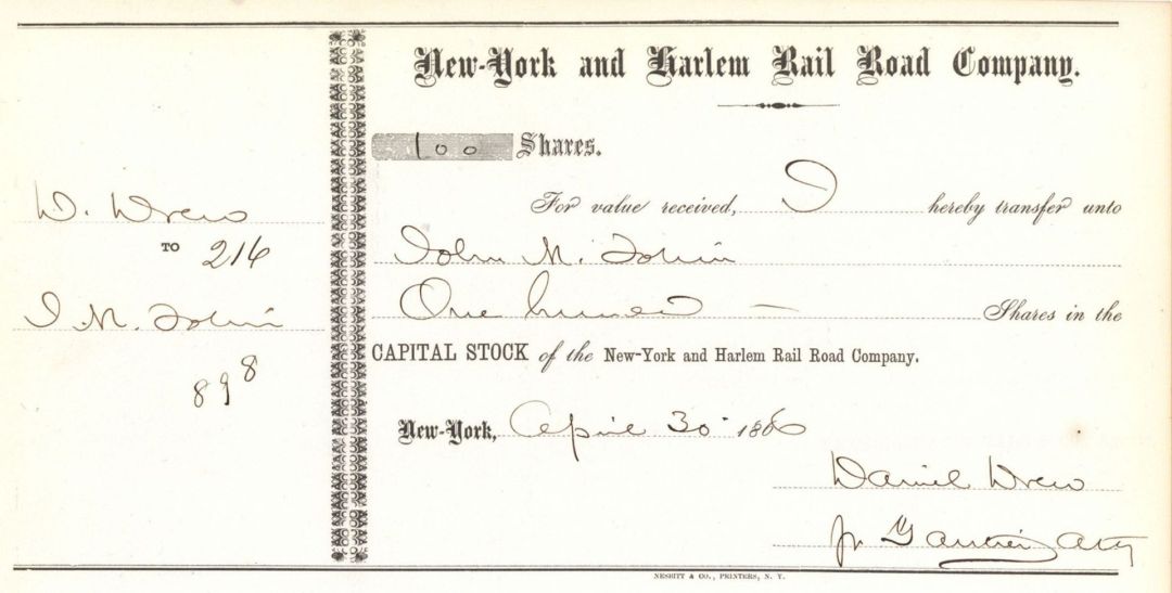 New-York and Harlem Rail Road Co. Stock Transfer mentions Daniel Drew twice dated 1866 - Railroad Autograph