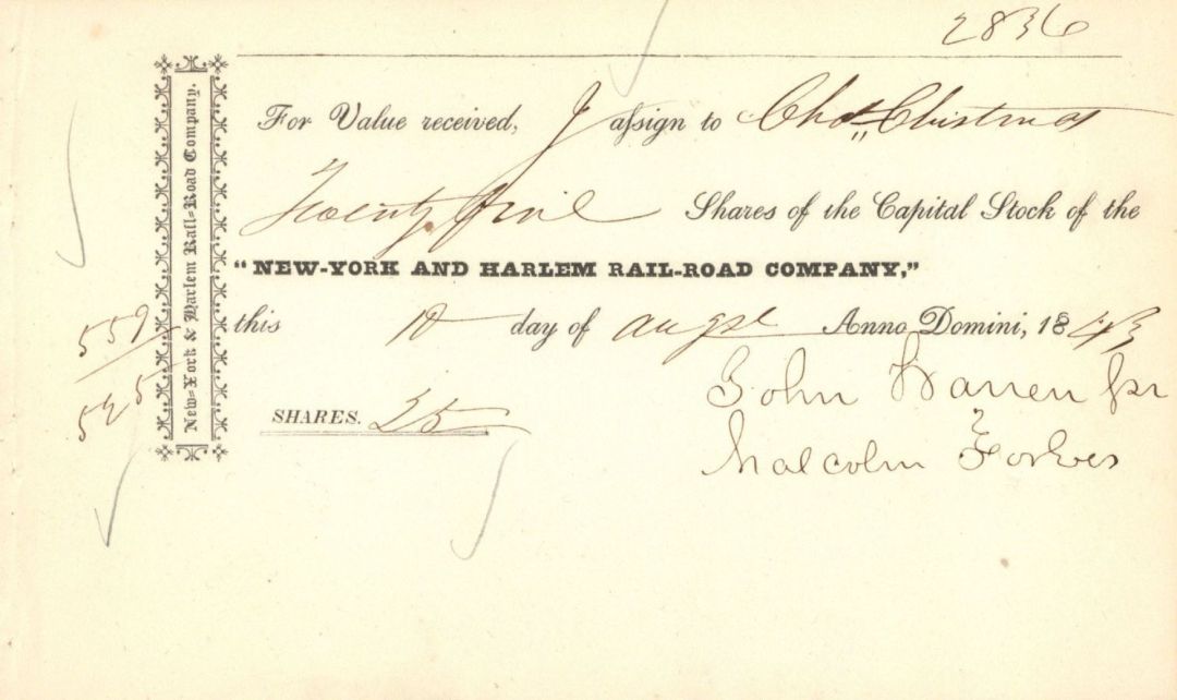 New-York and Harlem Rail Road Co. mentions Malcolm Forbes -1843 dated Stock Transfer