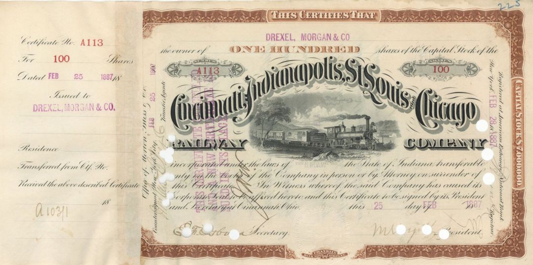 Lot of 85 pieces of Cincinnati, Indianapolis, St. Louis and Chicago Railway Co. Issued to Drexel, Morgan and Co. -1887 dated Stock Certificate