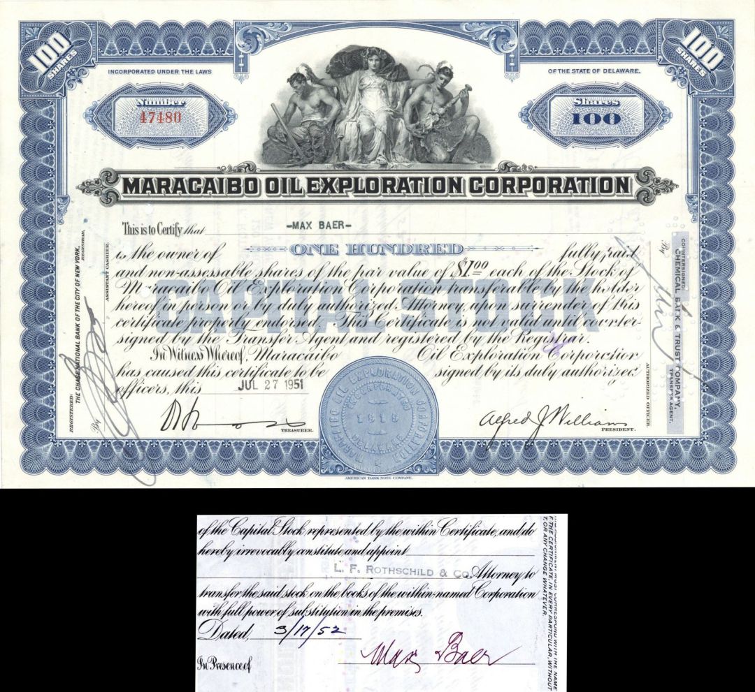 Maracaibo Oil Exploration Corp. Issued to and Signed by Max Baer dated 1951 - Autographed Stocks and Bonds